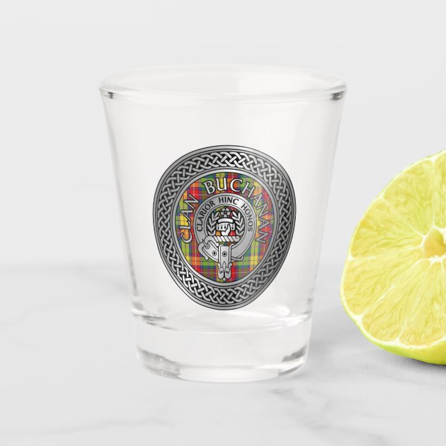 Vaso De Chupito Clan Buchanan Escudo y Tartan Shot Glass (Anverso)