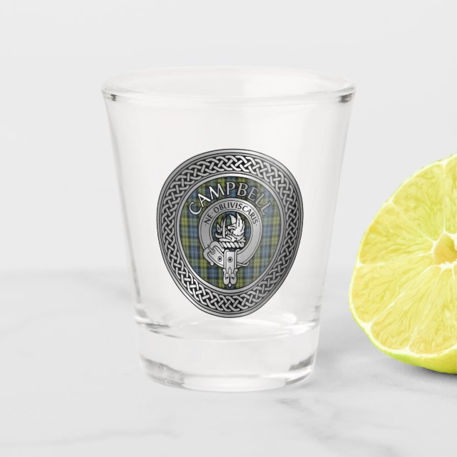 Vaso De Chupito Clan Campbell Escudo y Tartan Knot Glass Shot (Anverso)