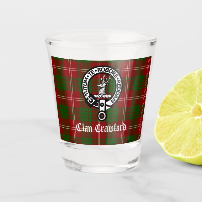 Vaso De Chupito Clan Crawford Escudo Badge y Tartán (Anverso)