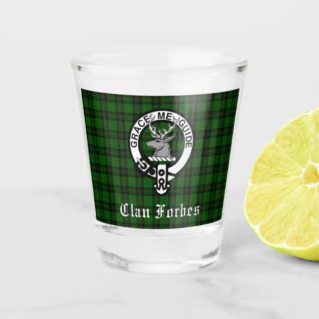 Vaso De Chupito Clan Forbes Tartán y placa Escudo (Anverso)