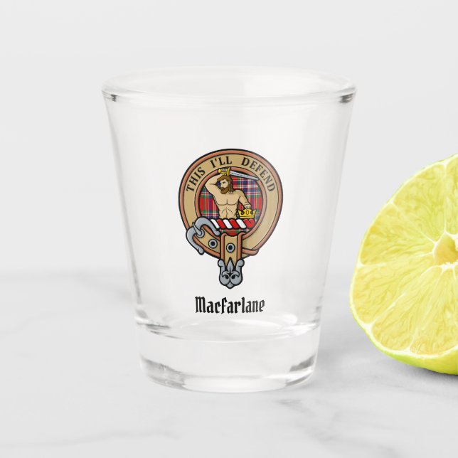 Vaso De Chupito Clan MacFarlane Escudo sobre Red Tartán (Anverso)