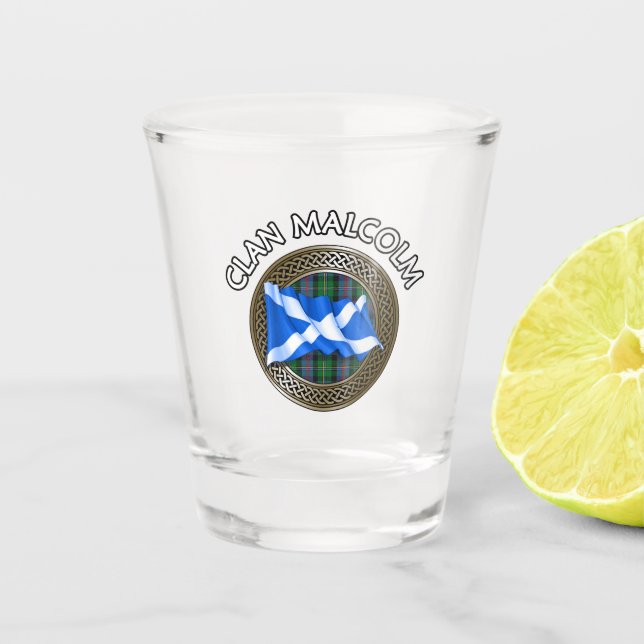 Vaso De Chupito Clan Malcolm Tartan Knot & Flag (Anverso)