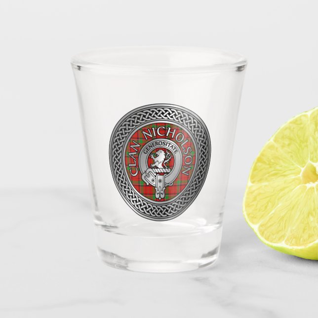 Vaso De Chupito Clan Nicholson Escudo y Tartan Knot (Anverso)