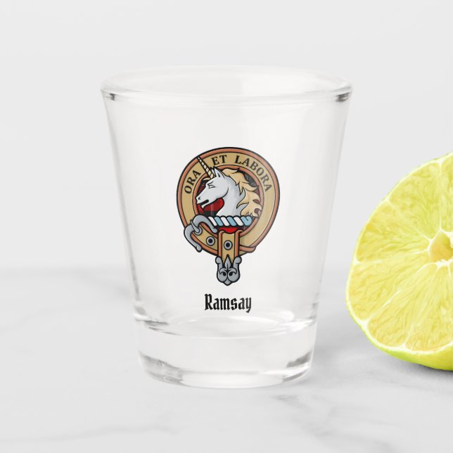 Vaso De Chupito Clan Ramsay Escudo sobre Tartán Rojo (Anverso)