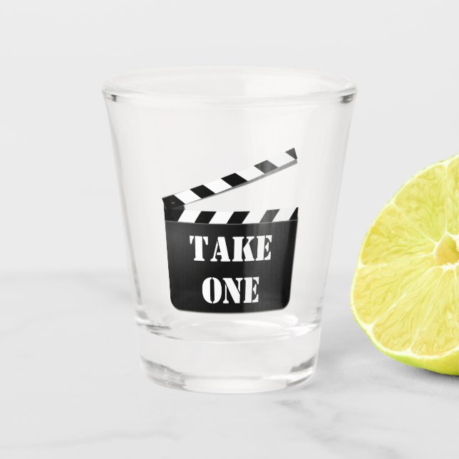 Vaso De Chupito Clapperboard toma un o su texto blanco y negro (Anverso)