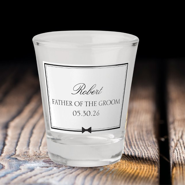 Vaso De Chupito Clásico de Bowtie padre del Groom (Custom father of the groom shot glass – add names & dates for the perfect, fun wedding party gift.)