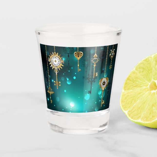 Vaso De Chupito Claves de esqueleto antiguas sobre fondo verde (Anverso)