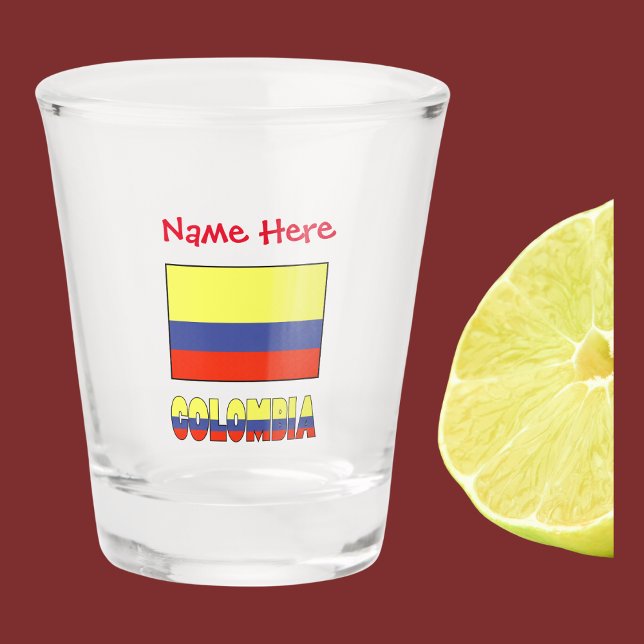 Vaso De Chupito Colombia y la bandera colombiana: Personalización  (The Colombian flag on a shot glass with the word COLOMBIA below in the flag colors. Add  name above.)