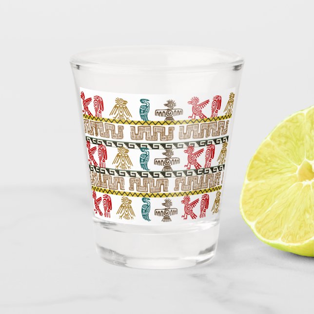 Vaso De Chupito Colorido arte y símbolos aztecos (Anverso)