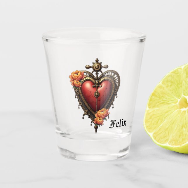 Vaso De Chupito Corazón de vapor con flores. (Anverso)