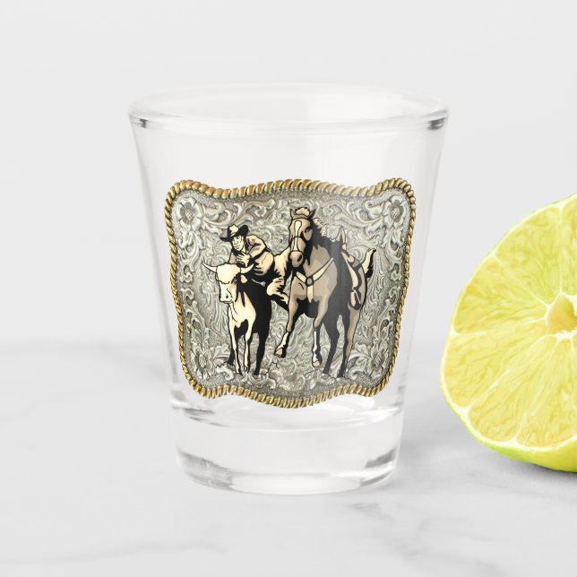 Vaso De Chupito Cowboy Steer Wrestlin Cinturón Occidental (Anverso)