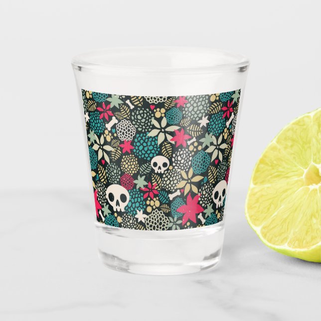 Vaso De Chupito Cráneo en flores (Anverso)