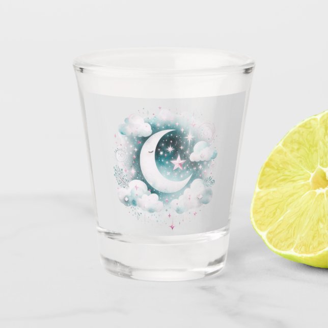 Vaso De Chupito Creciente azul y blanco Luna Celestial Boho modern (Anverso)