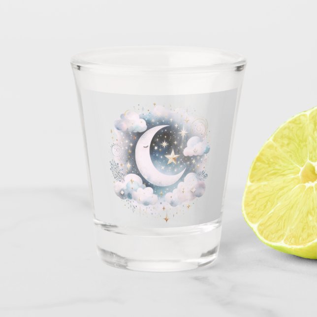 Vaso De Chupito Creciente azul y blanco Luna Celestial Boho modern (Anverso)