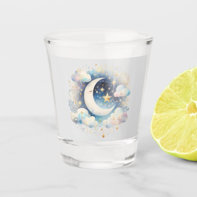 Vaso De Chupito Creciente Lunar Celeste Azul y Blanco Boho Moderno (Anverso)