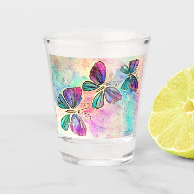 Vaso De Chupito Cristal de disparo de mariposas coloridas (Anverso)