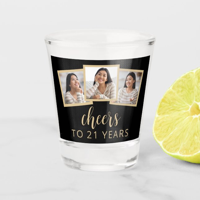 Vaso De Chupito Cumpleaños 21: 3-Foto Saludos de Black Gold Script (Anverso)