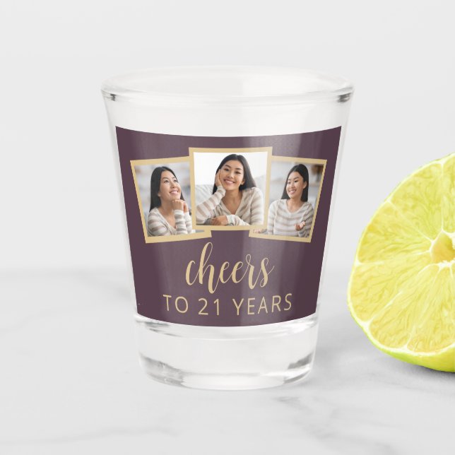 Vaso De Chupito Cumpleaños 21: 3-Photo Mauve Purple Script Cheers (Anverso)