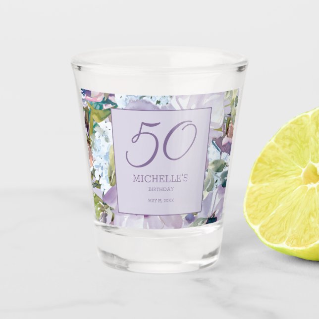 Vaso De Chupito Cumpleaños 50 Elegante Lila Floral Verde (Anverso)