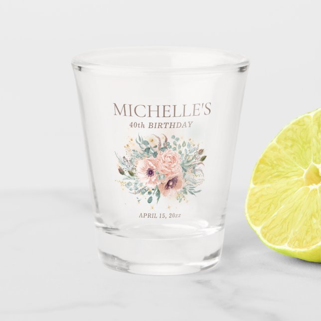 Vaso De Chupito Cumpleaños de brillo con flores rosadas y salvia (Anverso)