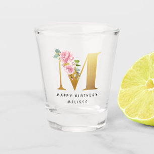 Vaso De Chupito Cumpleaños Feliz Monograma Floral Personalizado