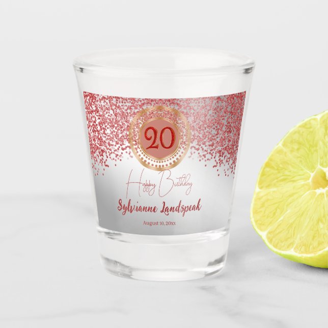 Vaso De Chupito Cumpleaños plateado con brillo rojo Rubí 20 (Anverso)