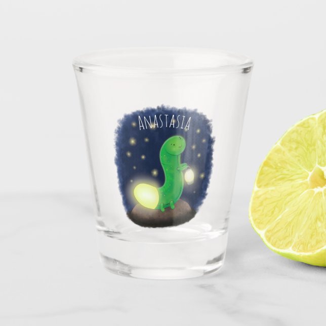 Vaso De Chupito Cute green glow worm cartoon illustration (Anverso)