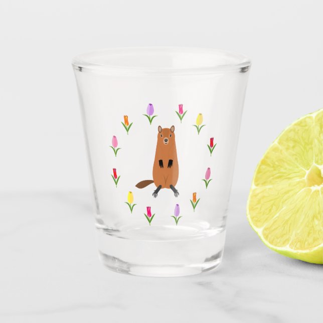 Vaso De Chupito Cute Groundhog y Tulip Flowers (Anverso)