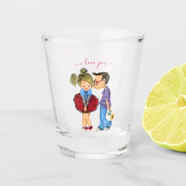Vaso De Chupito Cute Pareja Romántica - Amor - Beso El día de San  (Anverso)