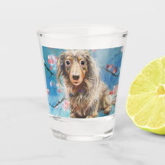 Vaso De Chupito Dachshund, de larga data, en flores de cerezo