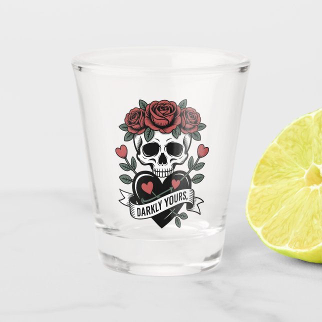 Vaso De Chupito Darkly Yours Graphic: Gothic Skull with Red Roses  (Anverso)
