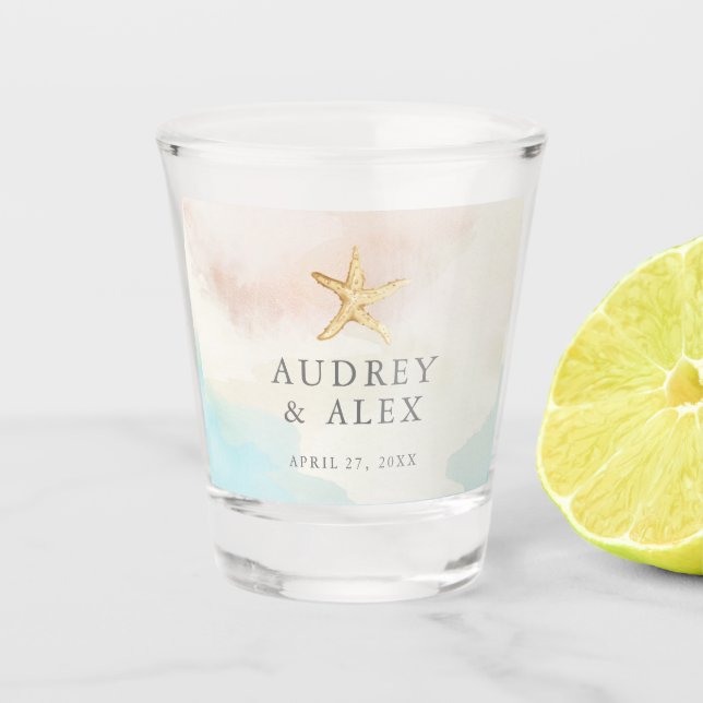 Vaso de chupito de boda con estrella de mar temáti (Anverso)