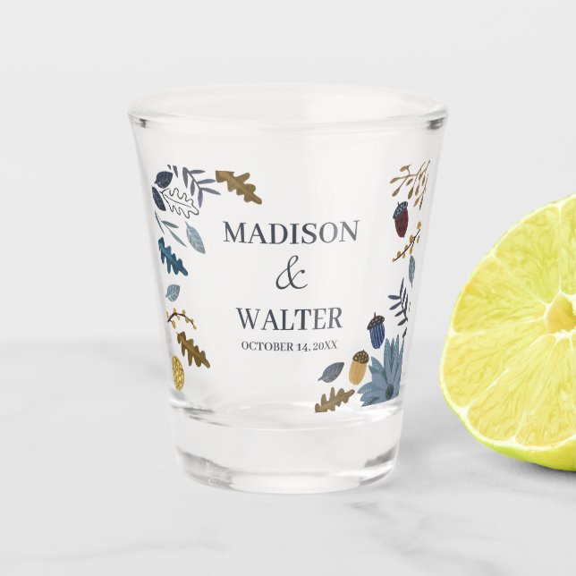 Vaso de chupito de boda con hojas de otoño rústica (Anverso)