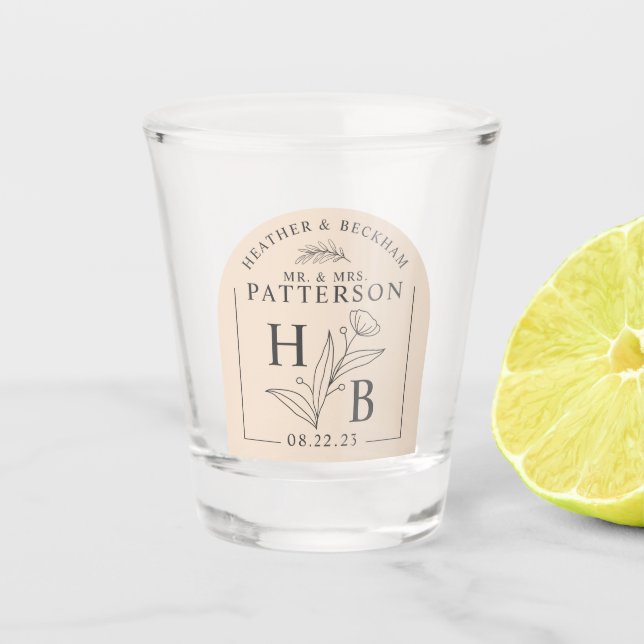 Vaso de chupito de boda con laurel floral moderno (Anverso)