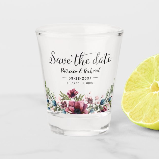 Vaso de chupito de Burgundy Floral Rustic Save the (Anverso)
