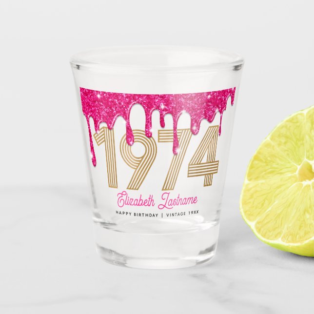 Vaso de chupito de cumpleaños 50 Pink Glitter Drip (Anverso)