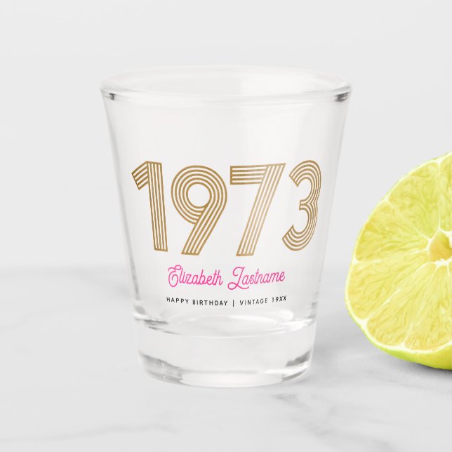 Vaso de chupito de cumpleaños número 50 dorado y r (Anverso)