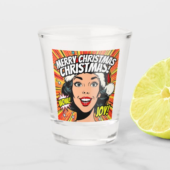 Vaso de chupito de Navidad arte pop Feliz Navidad (Anverso)