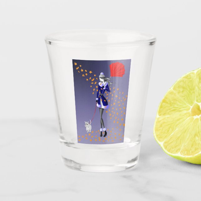Vaso de chupito de Perro paseando en día lluvioso  (Anverso)