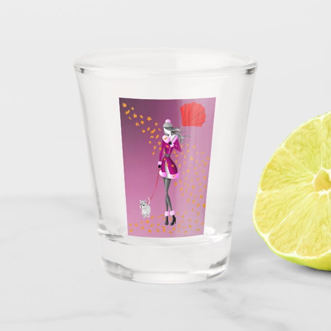 Vaso de chupito de Perro paseando en día lluvioso  (Anverso)