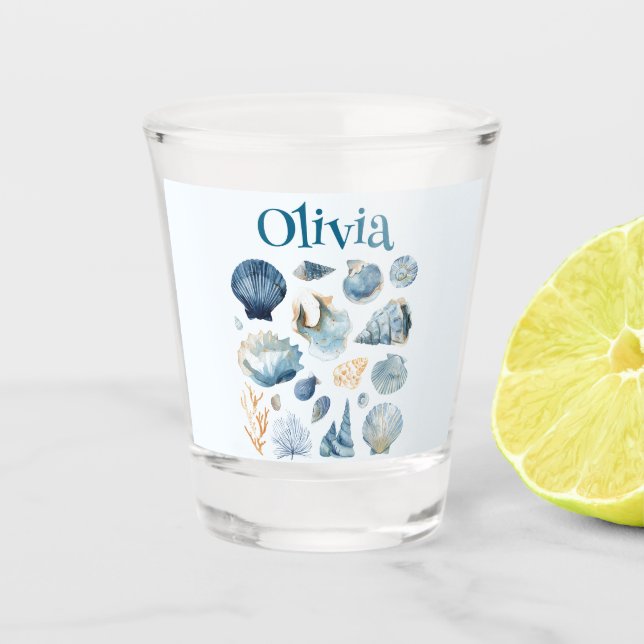 Vaso de chupito de verano con conchas azules | Nom (Anverso)