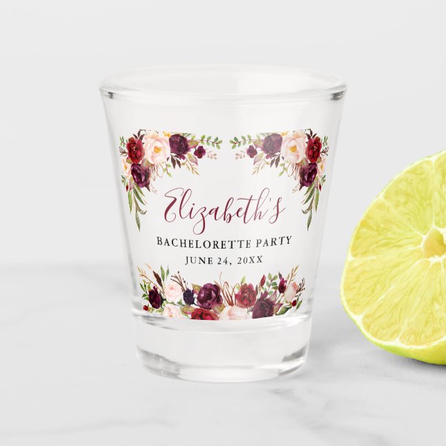 Vaso De Chupito Despedida de soltera Burgundy Acuarela Floral (Anverso)