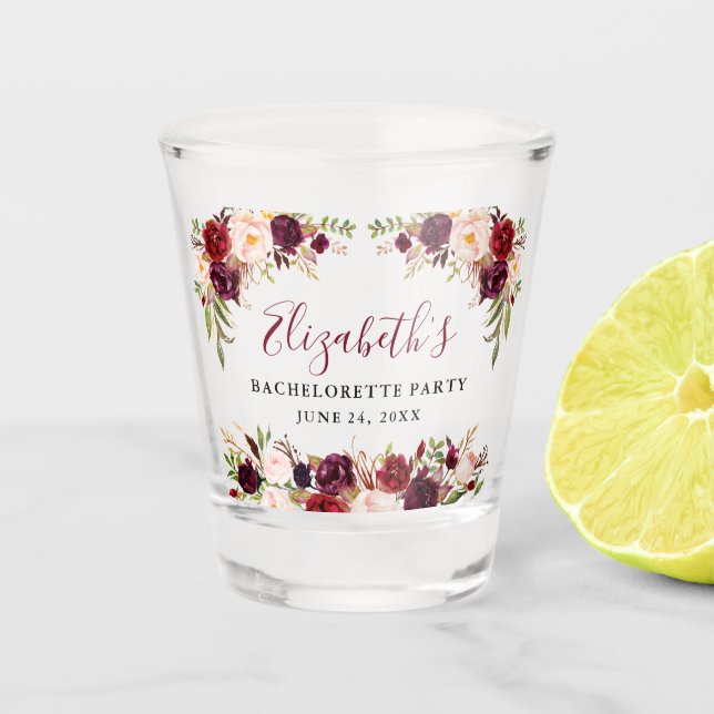 Vaso De Chupito Despedida de soltera Burgundy Floral Acuarela (Anverso)