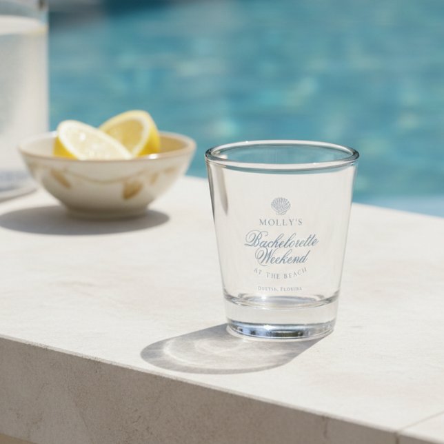 Vaso De Chupito Despedida de soltera con concha de mar azul coster (Coastal Blue Seashell Bachelorette Shot Glass)