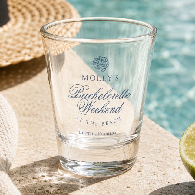 Vaso De Chupito Despedida de soltera con concha de mar azul coster (Coastal Blue Seashell Bachelorette Shot Glass)