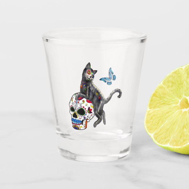 Vaso De Chupito Día De La Calavera De Azúcar De Gato Muerto Y Mari (Anverso)