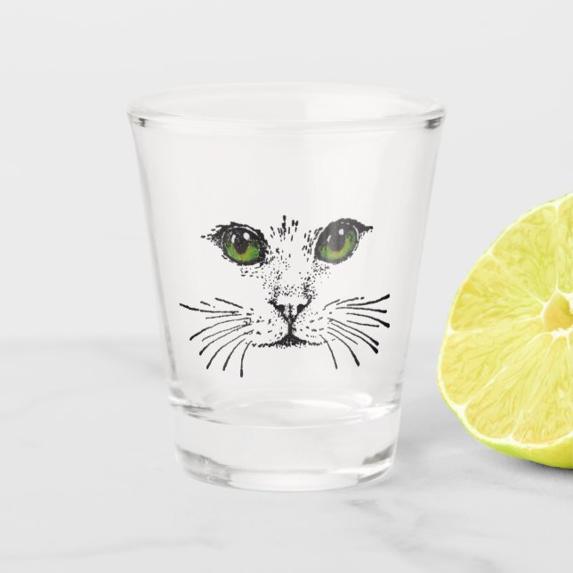 Vaso De Chupito Dibujo de cara de gato con ojos amarillos verdes W (Anverso)