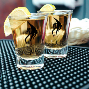 Vaso De Chupito Diseño de ilustración de dragón tribal blanco y ne