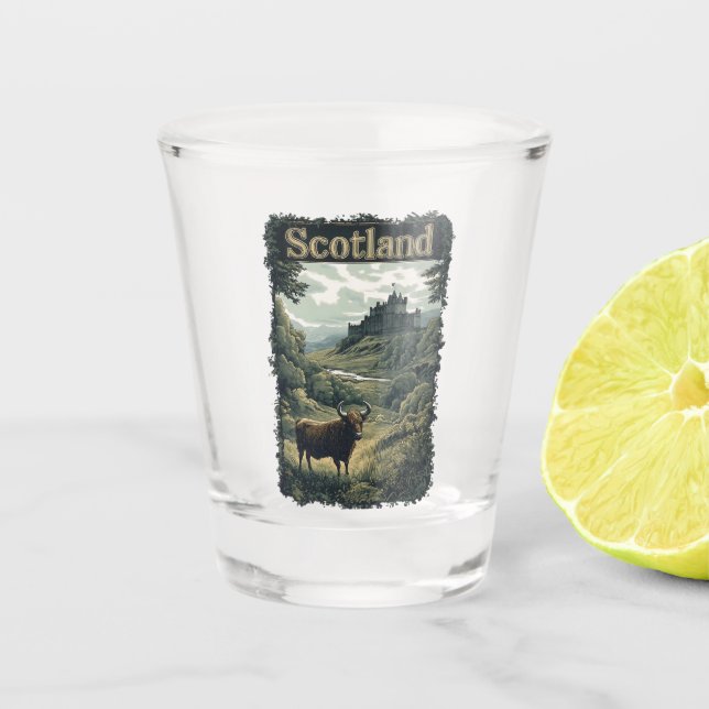 Vaso De Chupito Diseño escocés: Vaca Highland, castillo y paisaje (Anverso)