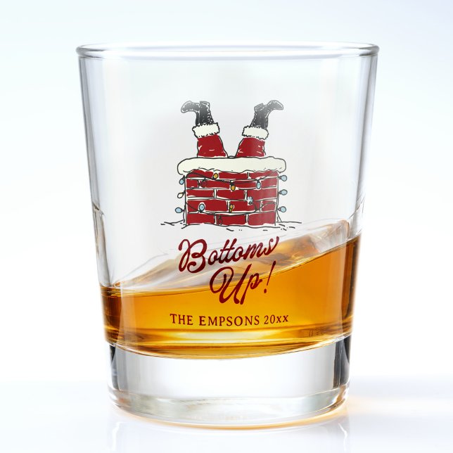 Vaso De Chupito Divertida Navidad Santa Arriba las Copas Amigovida (Funny Christmas shot glass with Santa’s legs upside down in a chimney and text reading Bottoms Up)